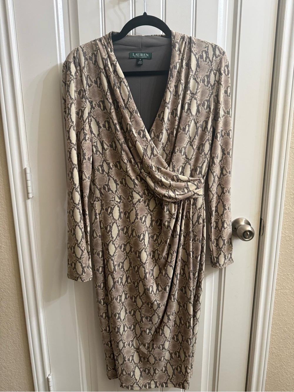 Lauren Ralph Lauren Taupe Snake-Print Faux-Wrap Long Sleeve Dress